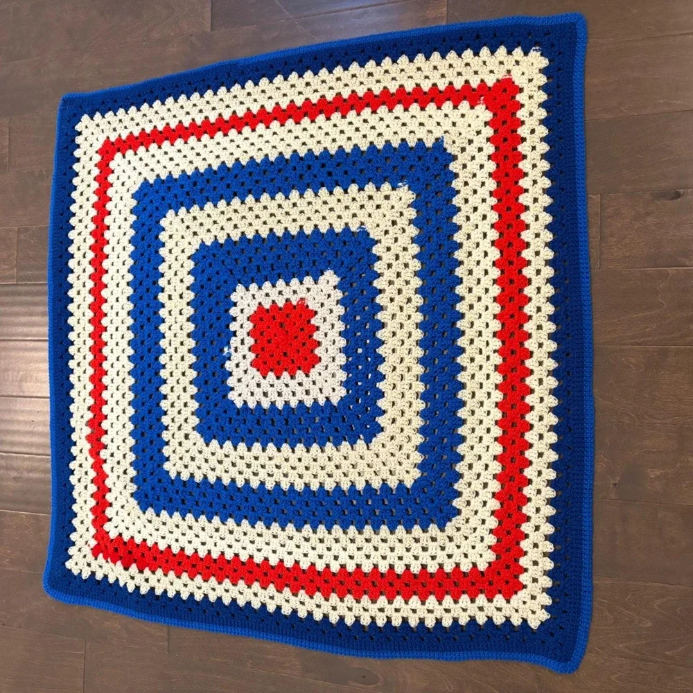 Vtg Patriotic Blanket Handmade Crochet Granny Square 42